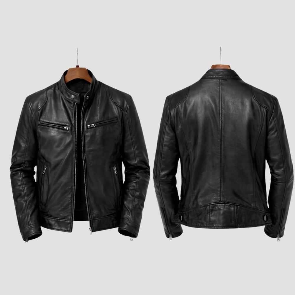 Black leather jacket shown from both front and back views on wooden hangers against a light gray background.