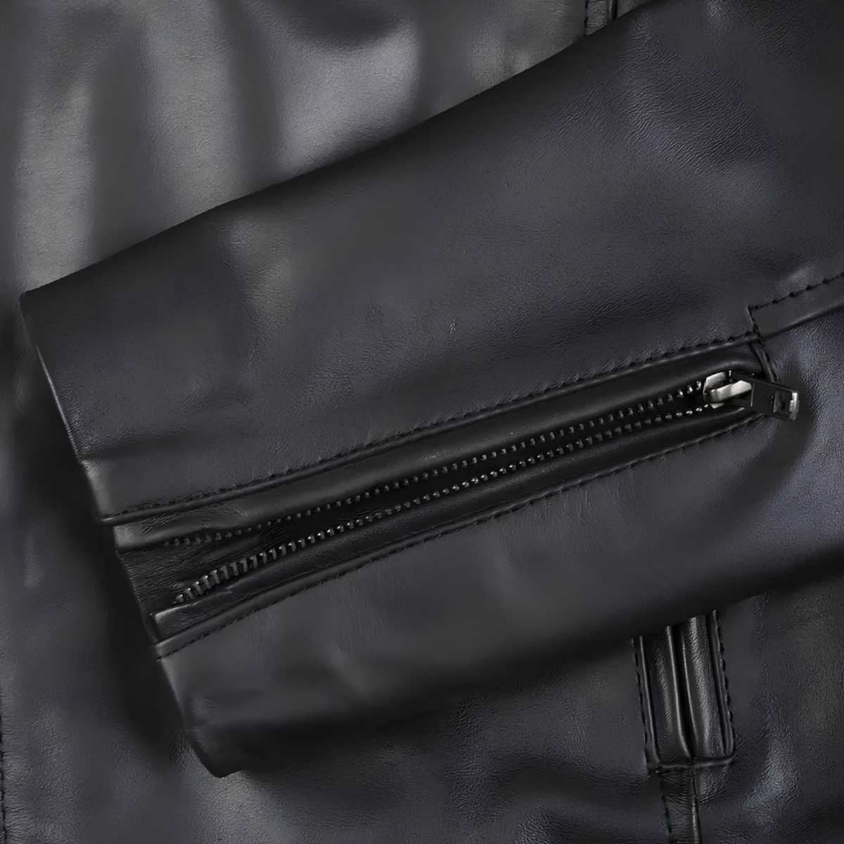 up: Close-up of zip chest pocket on black leather jacket