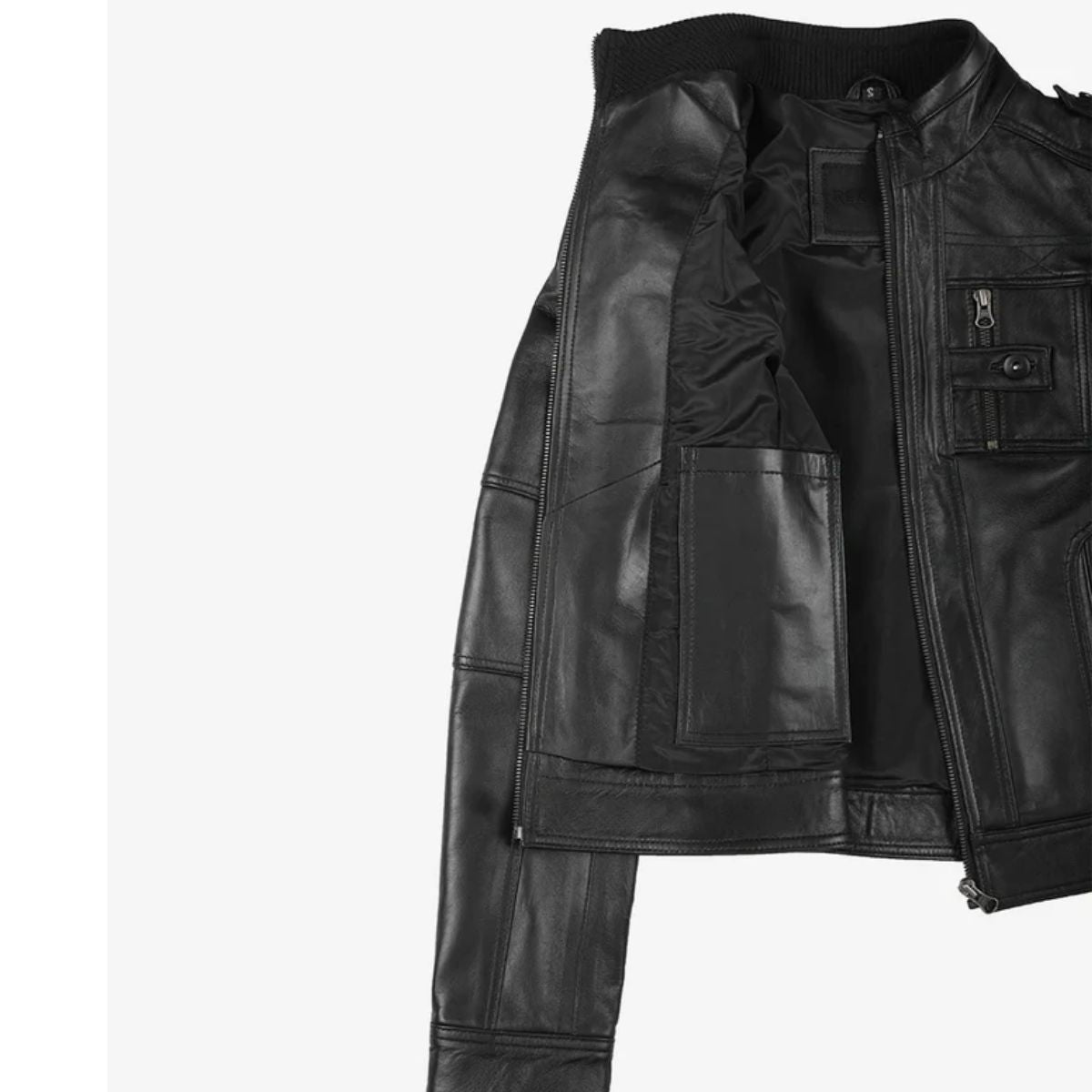 A black leather jacket with a ribbed knit collar, shown partially open to display the interior lining and front pockets against a plain white background.