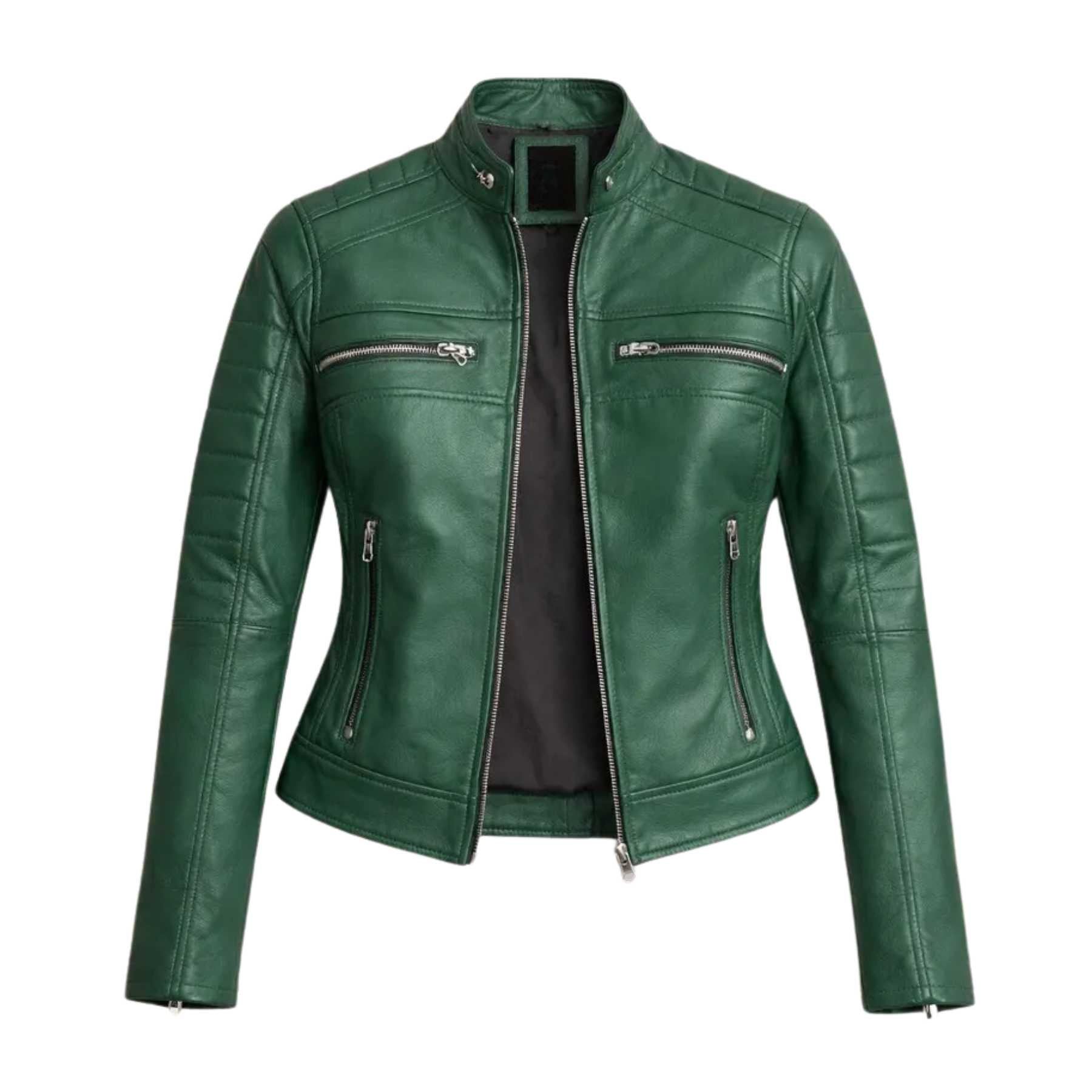 A dark green faux leather motorcycle jacket with silver zippers and a black interior lining, displayed on a solid white background.