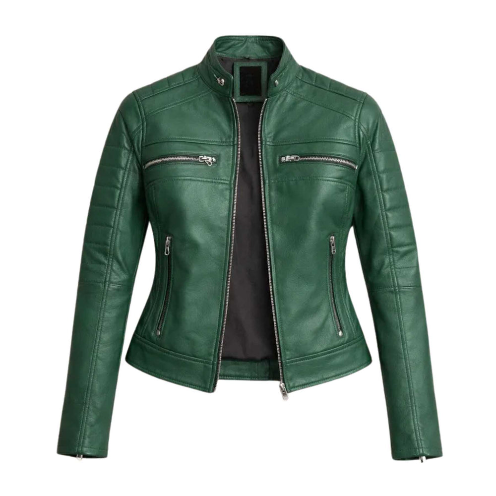 A dark green faux leather motorcycle jacket with silver zippers and a black interior lining, displayed on a solid white background.