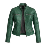 A dark green faux leather motorcycle jacket with silver zippers and a black interior lining, displayed on a solid white background.