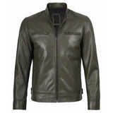 An olive green faux leather jacket with a full zip front, stand-up collar, and two zippered chest pockets, shown on a plain white background.