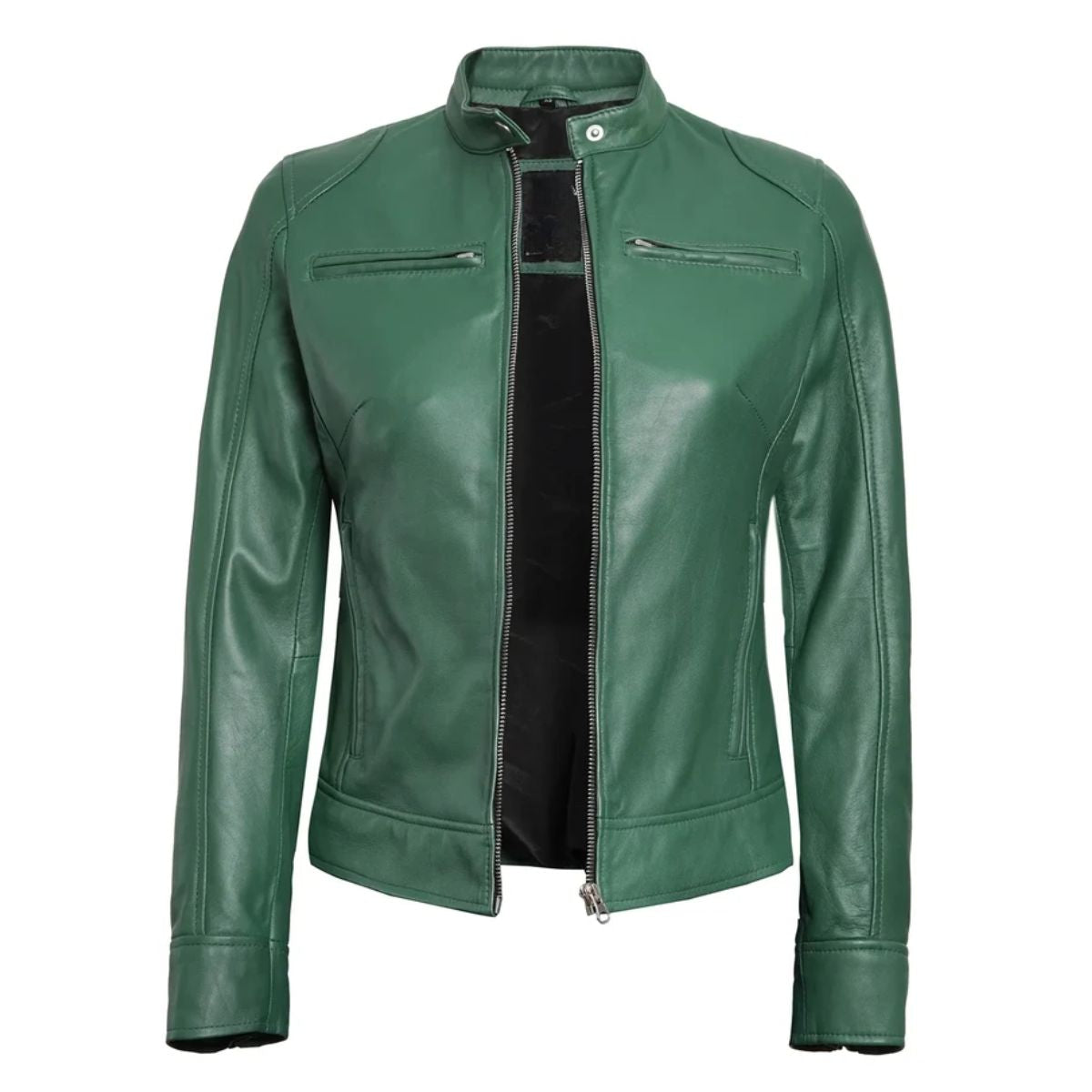 Women's olive green leather biker jacket with stand collar, front view