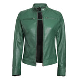 Women's olive green leather biker jacket with stand collar, front view