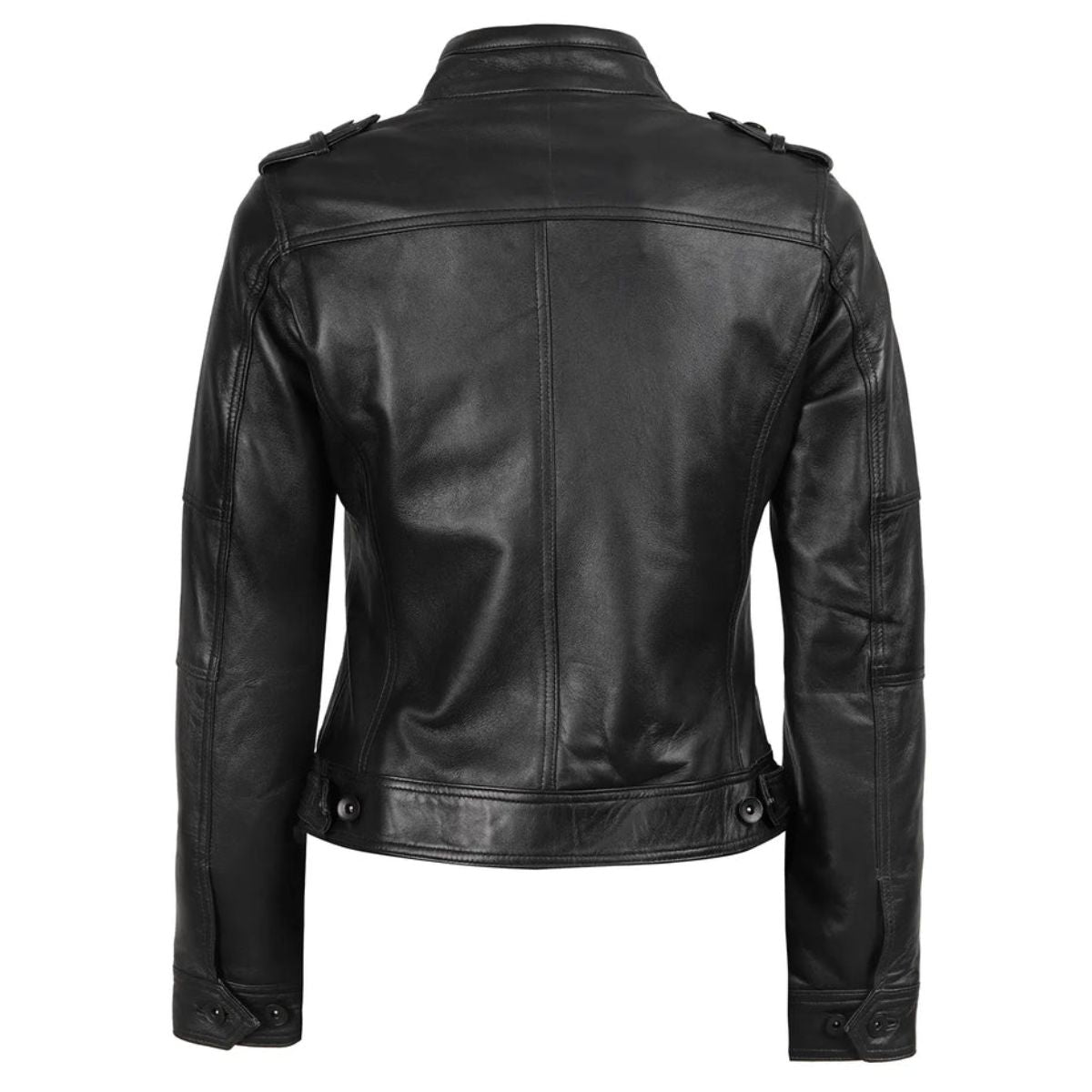 Back view of women's black leather cafe racer jacket