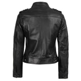 Back view of women's black leather cafe racer jacket