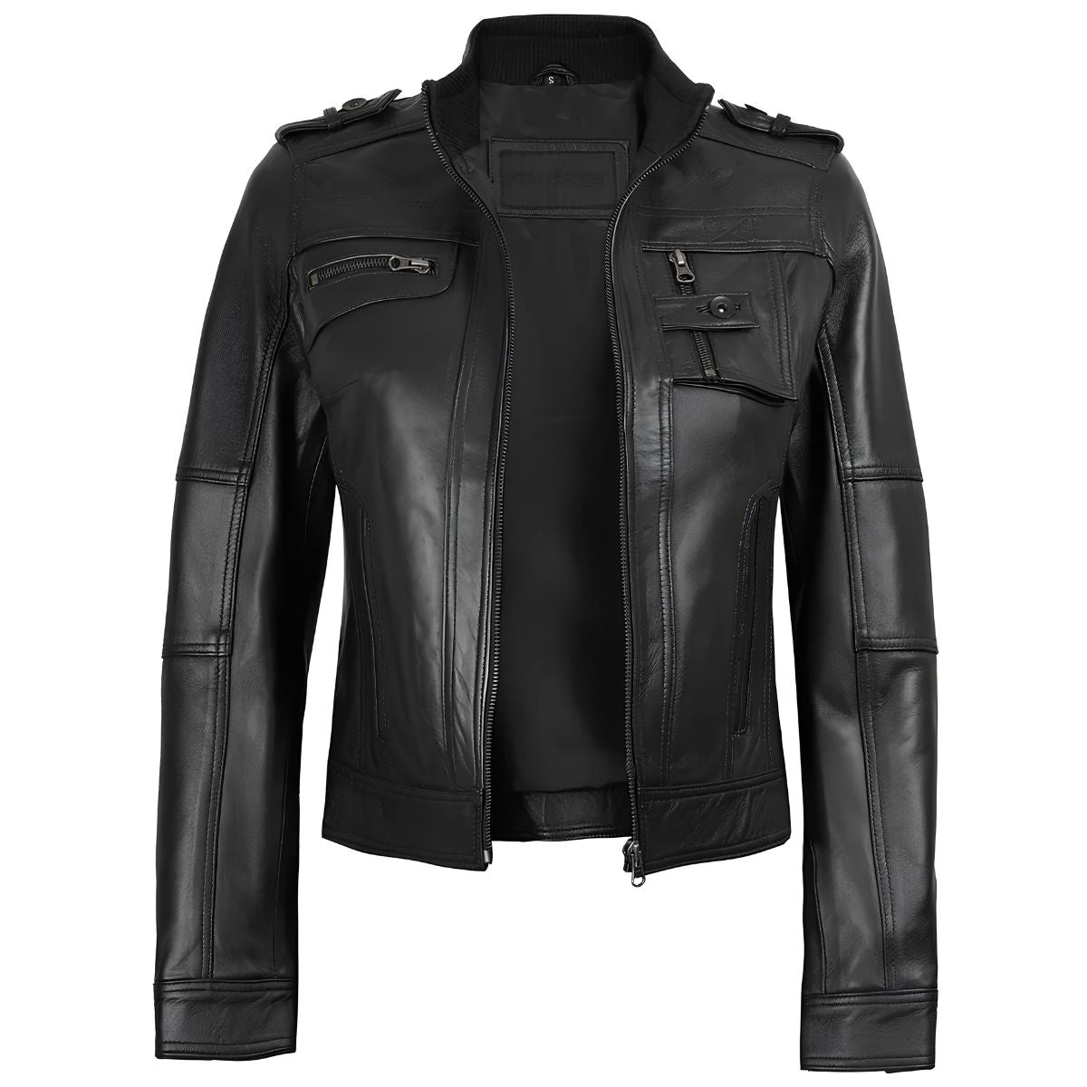 Women's black cafe racer leather jacket with stand collar, front view