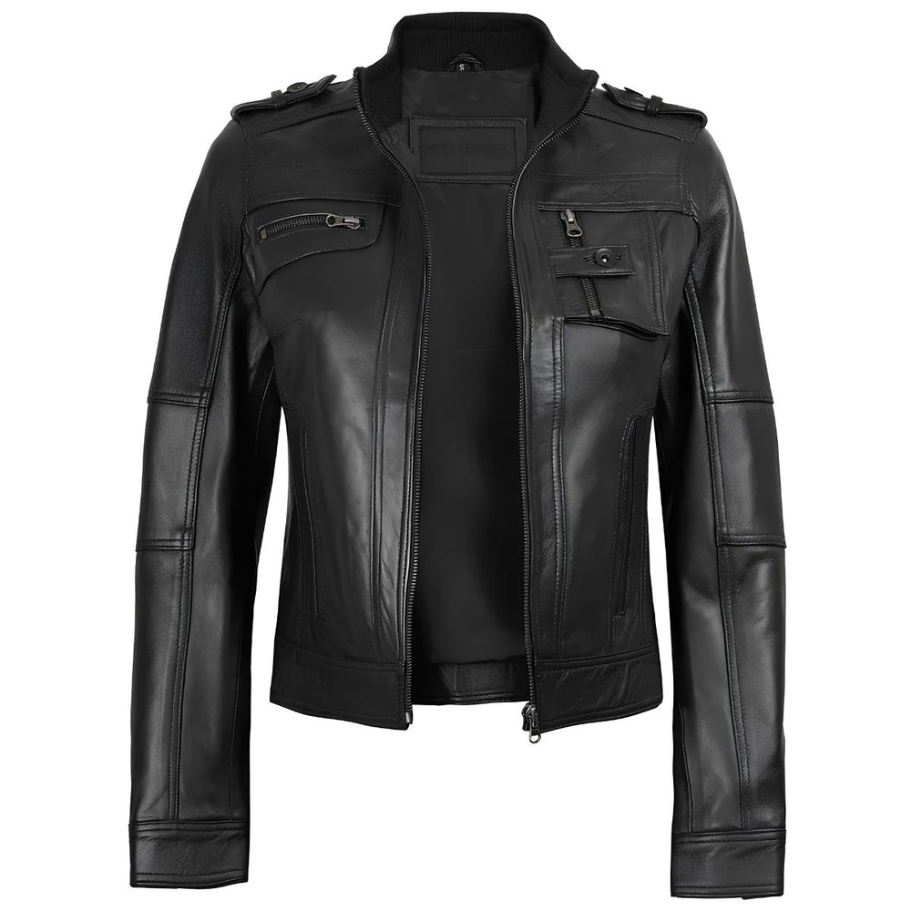 Women's black cafe racer leather jacket with stand collar, front view