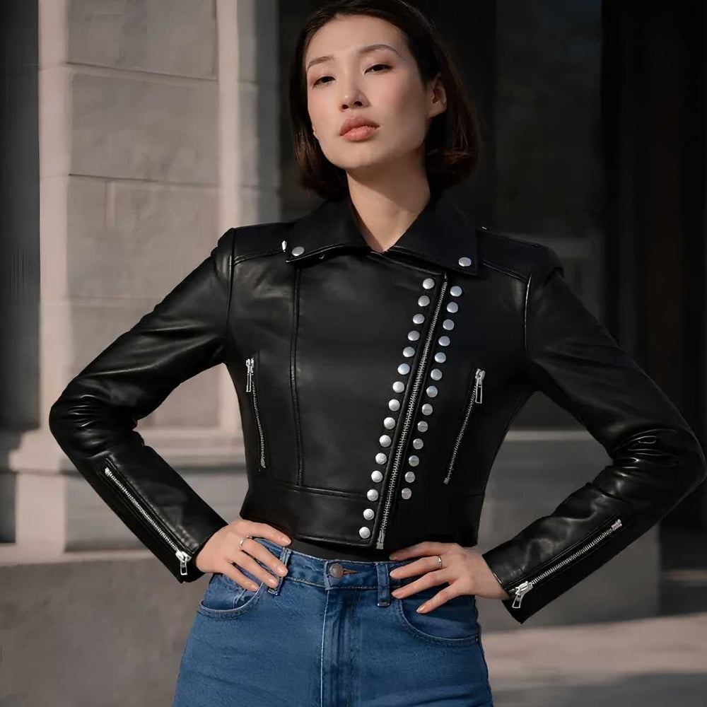 Women's black cropped studded leather motorcycle jacket, front view