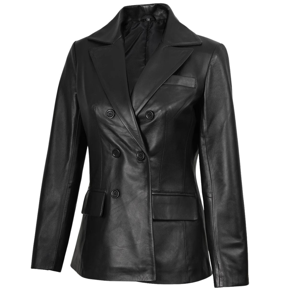 Double-breasted black button closure on women's tailored leather blazer