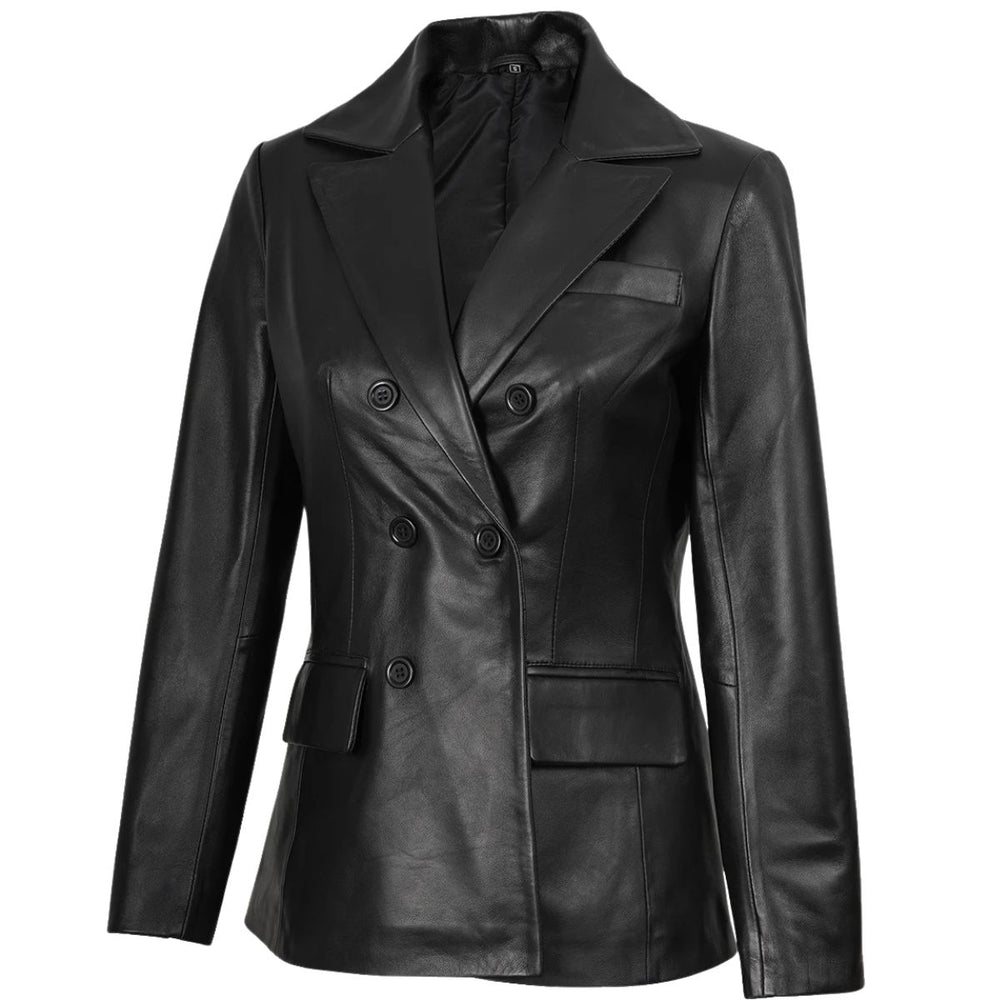 Double-breasted black button closure on women's tailored leather blazer