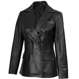 Double-breasted black button closure on women's tailored leather blazer