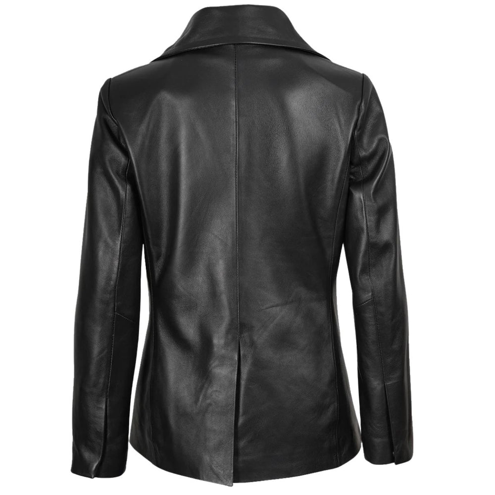 Black leather jacket shown from the back, featuring a structured collar, long sleeves, and a central seam running down the back, photographed against a solid white background.