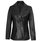 Front view of women's black leather blazer with wide notch lapel and double-breasted button closure