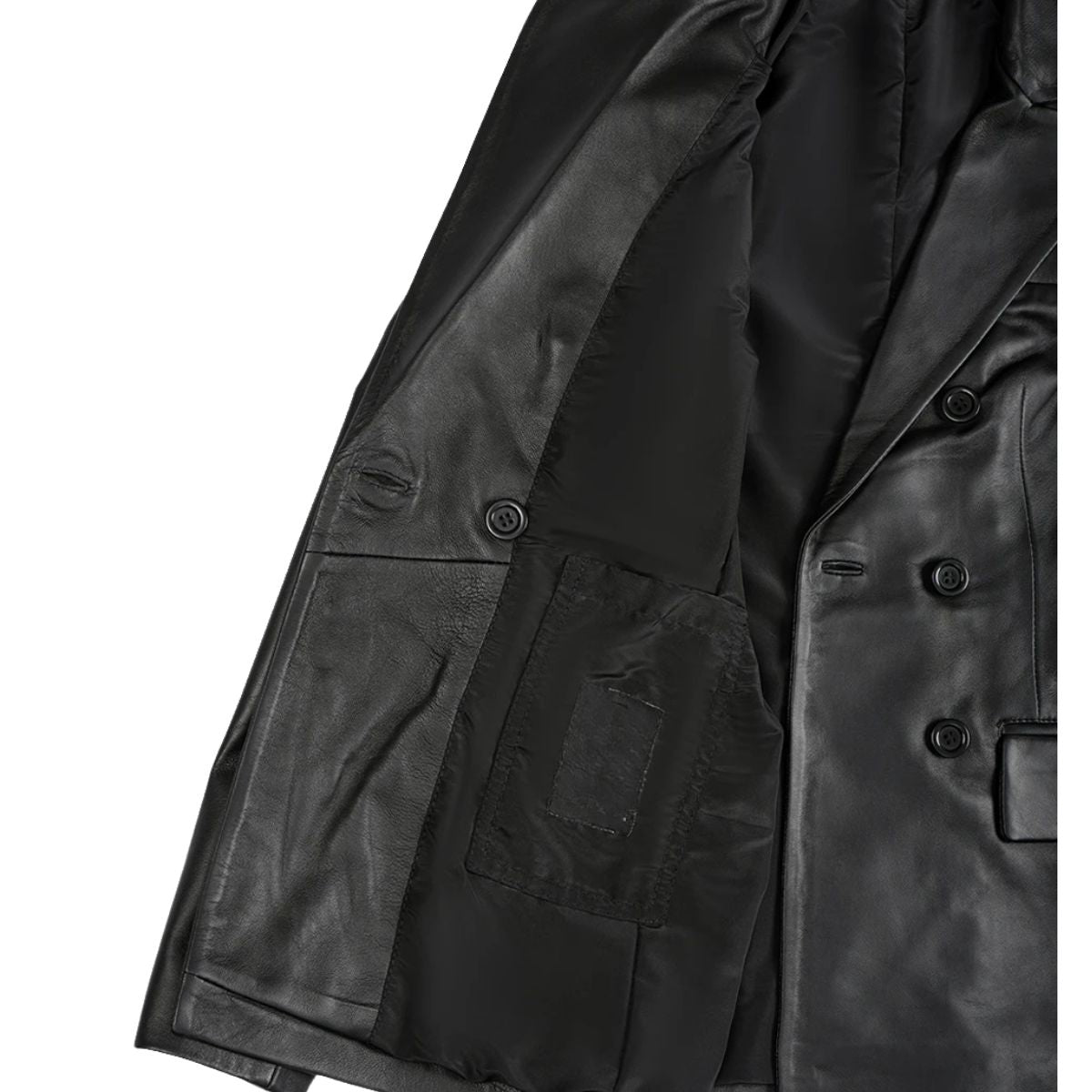 Close-up of notch lapel detail on women's genuine black leather double-breasted blazer