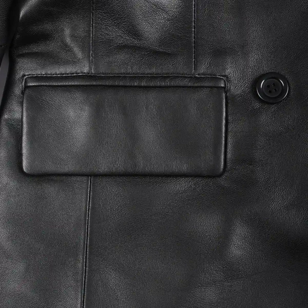 Close-up of a black leather jacket showing a rectangular flap pocket and a black button, with the smooth leather texture filling the frame.