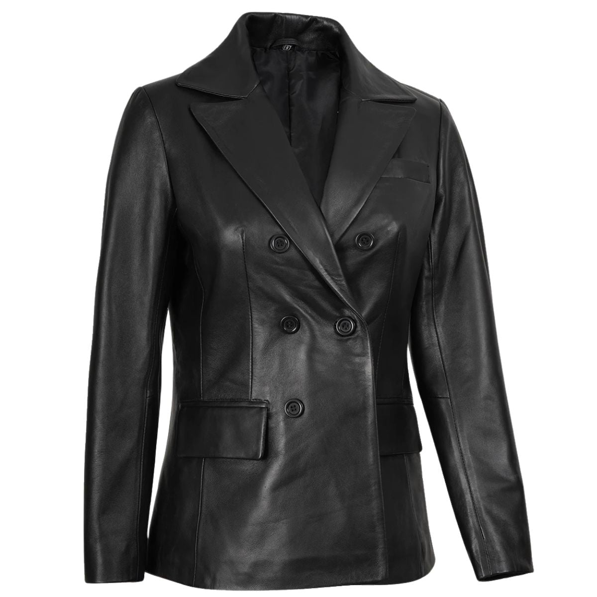 Side profile of women's fitted black leather blazer showing tailored waist silhouette
