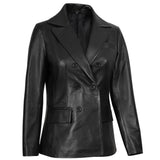 Side profile of women's fitted black leather blazer showing tailored waist silhouette
