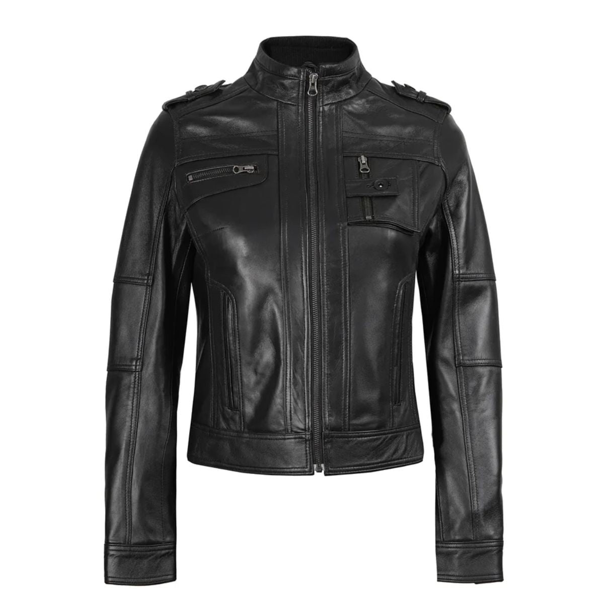A black faux leather motorcycle jacket with a stand collar, zippered front, and multiple utility pockets, shown against a plain white background.