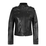 A black faux leather motorcycle jacket with a stand collar, zippered front, and multiple utility pockets, shown against a plain white background.