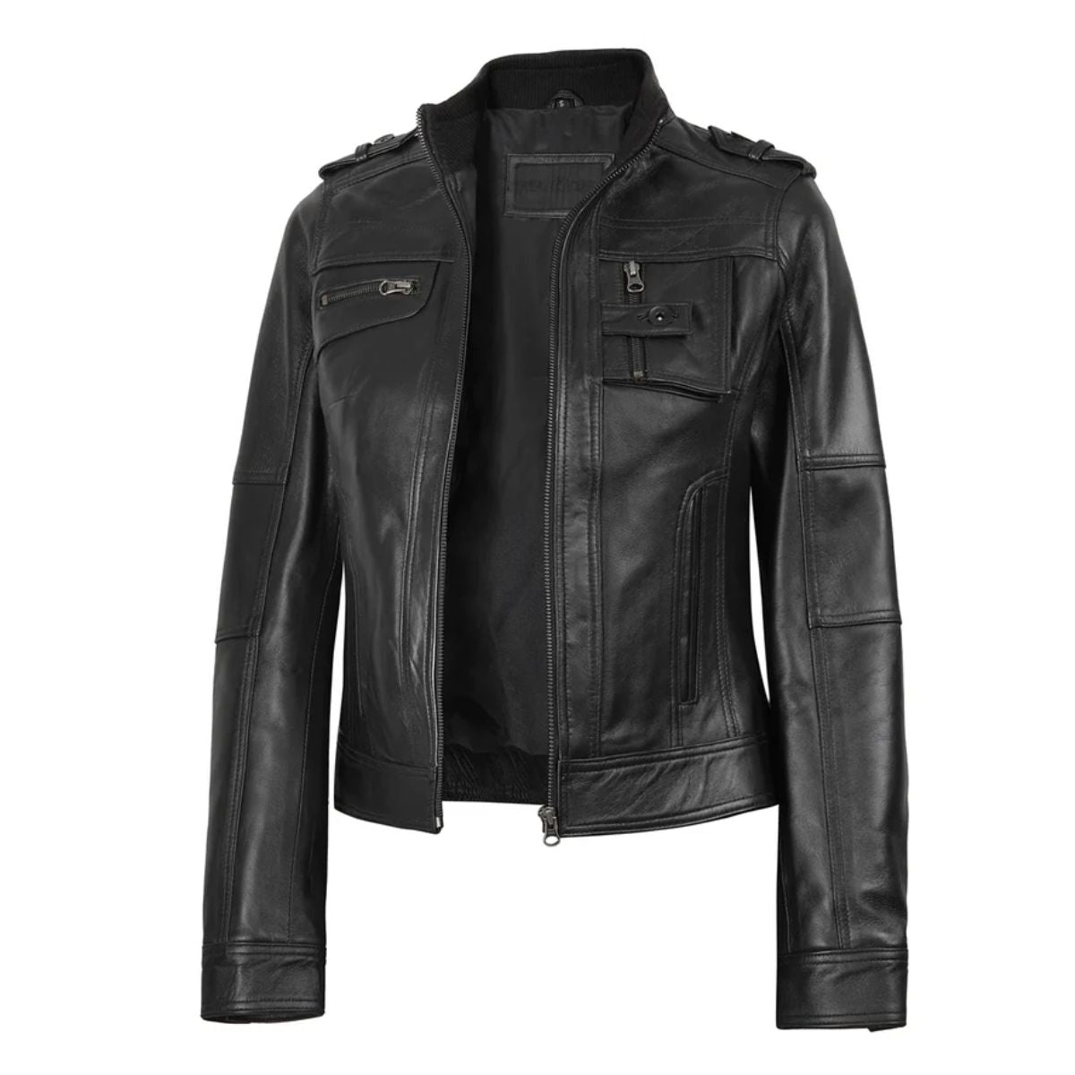 A black leather motorcycle jacket with a high collar, zippered front, and multiple utility pockets, shown on a plain white background.