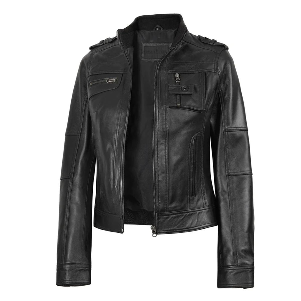 A black leather motorcycle jacket with a high collar, zippered front, and multiple utility pockets, shown on a plain white background.