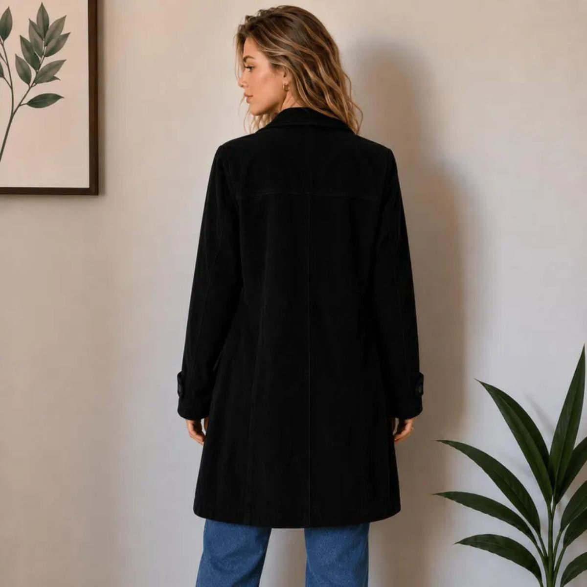 A woman wearing a black mid-length coat with a collar and buttoned cuffs, shown from the back in an indoor setting with a beige wall, framed botanical print, and green plant.