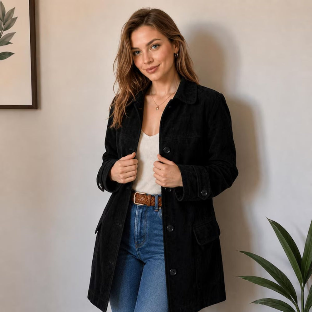 Woman wearing black suede jacket with jeans