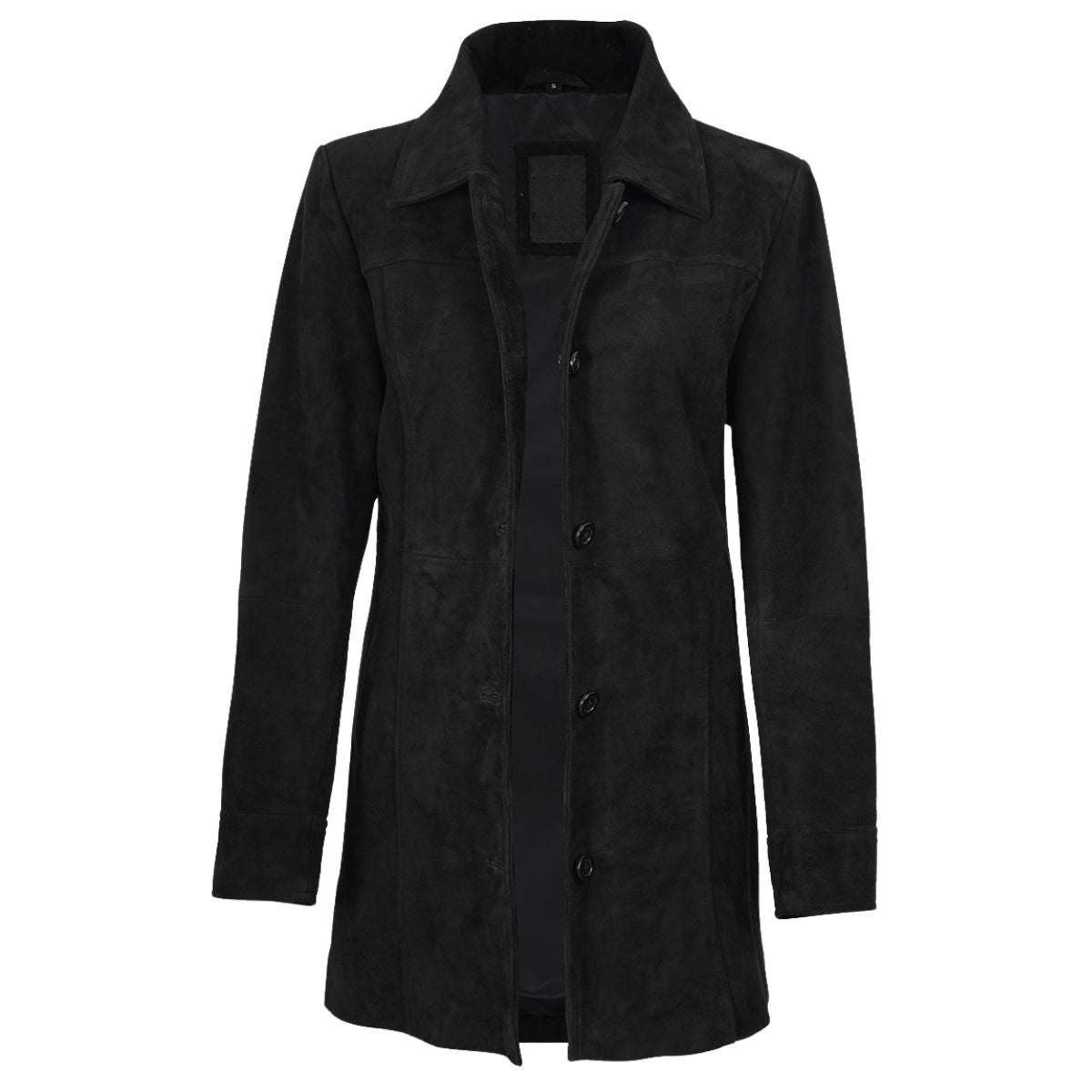 A black longline coat with a wide collar and front button closure, shown on a plain white background.