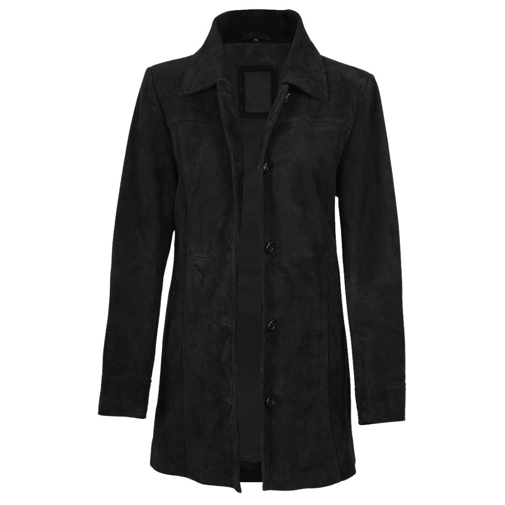 A black longline coat with a wide collar and front button closure, shown on a plain white background.