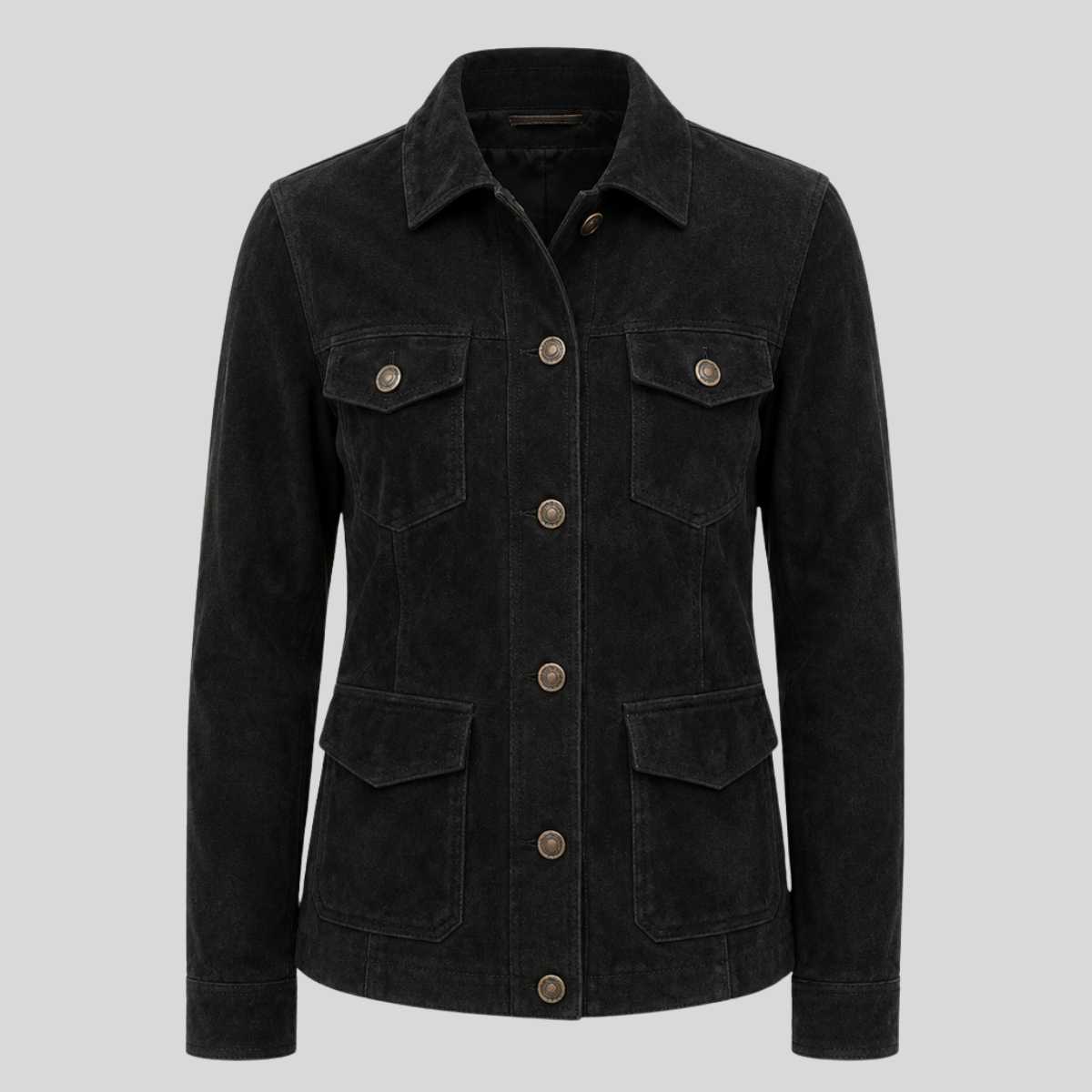 Women's black suede leather jacket, front view