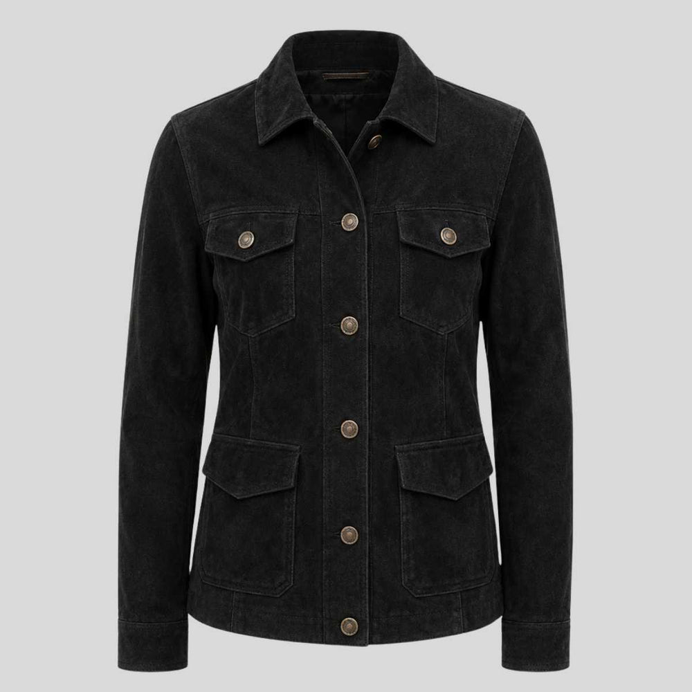 Women's black suede leather jacket, front view