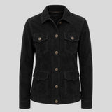 Women's black suede leather jacket, front view