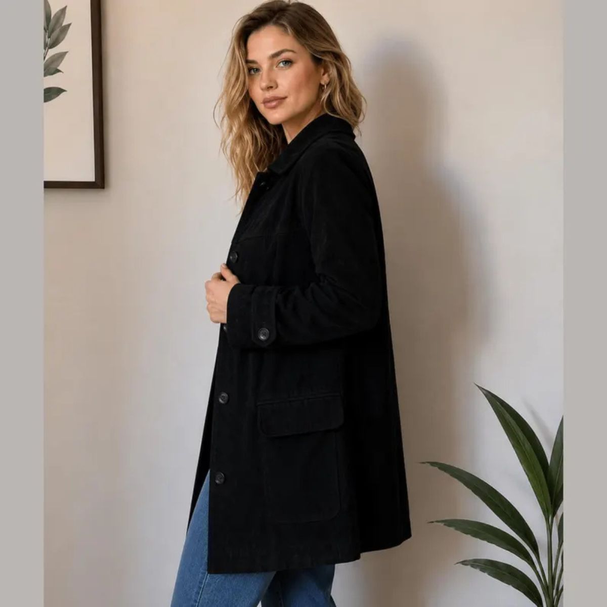 A woman wearing a black mid-length coat with front buttons and flap pockets, paired with blue jeans, standing in a softly lit indoor setting with a neutral wall and a plant visible.