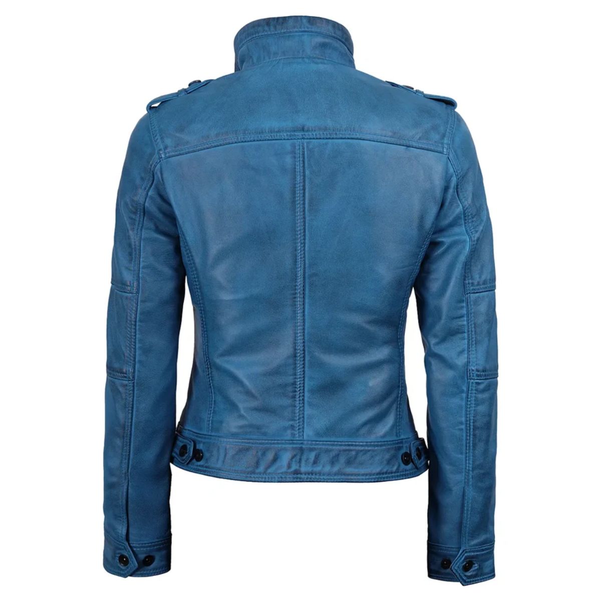 Back view of women's cobalt blue leather jacket