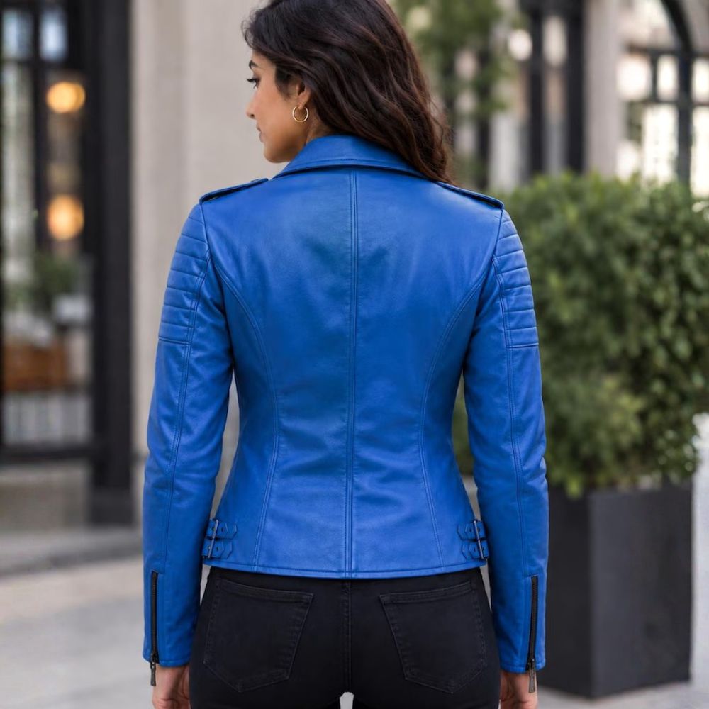 Back view of women's cobalt blue leather biker jacket