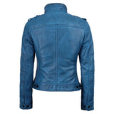 Back view of women's cobalt blue leather jacket