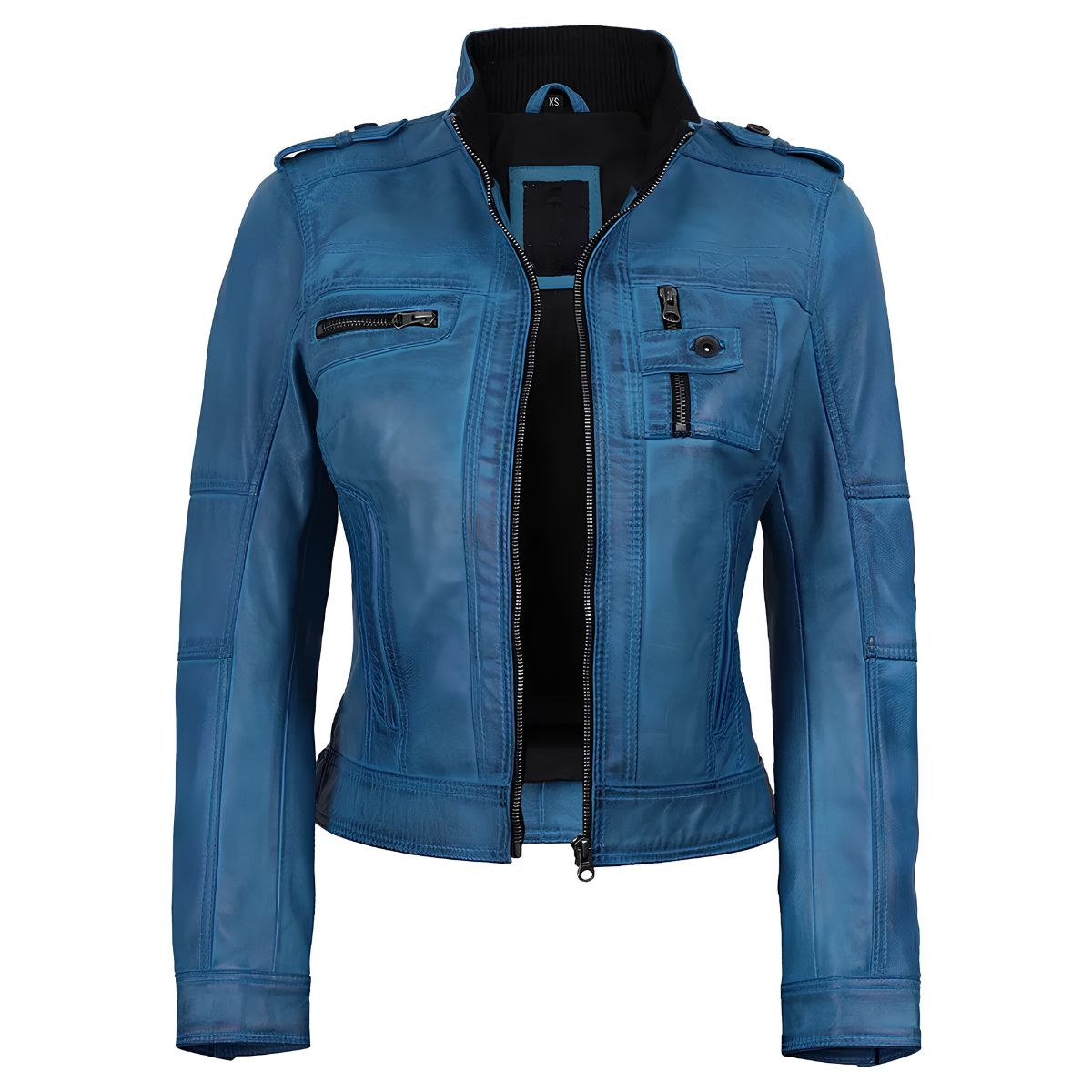 A women's blue faux-leather moto jacket with a black interior lining, featuring a front zipper, zippered chest pockets, and shoulder epaulets, shown against a plain white background.