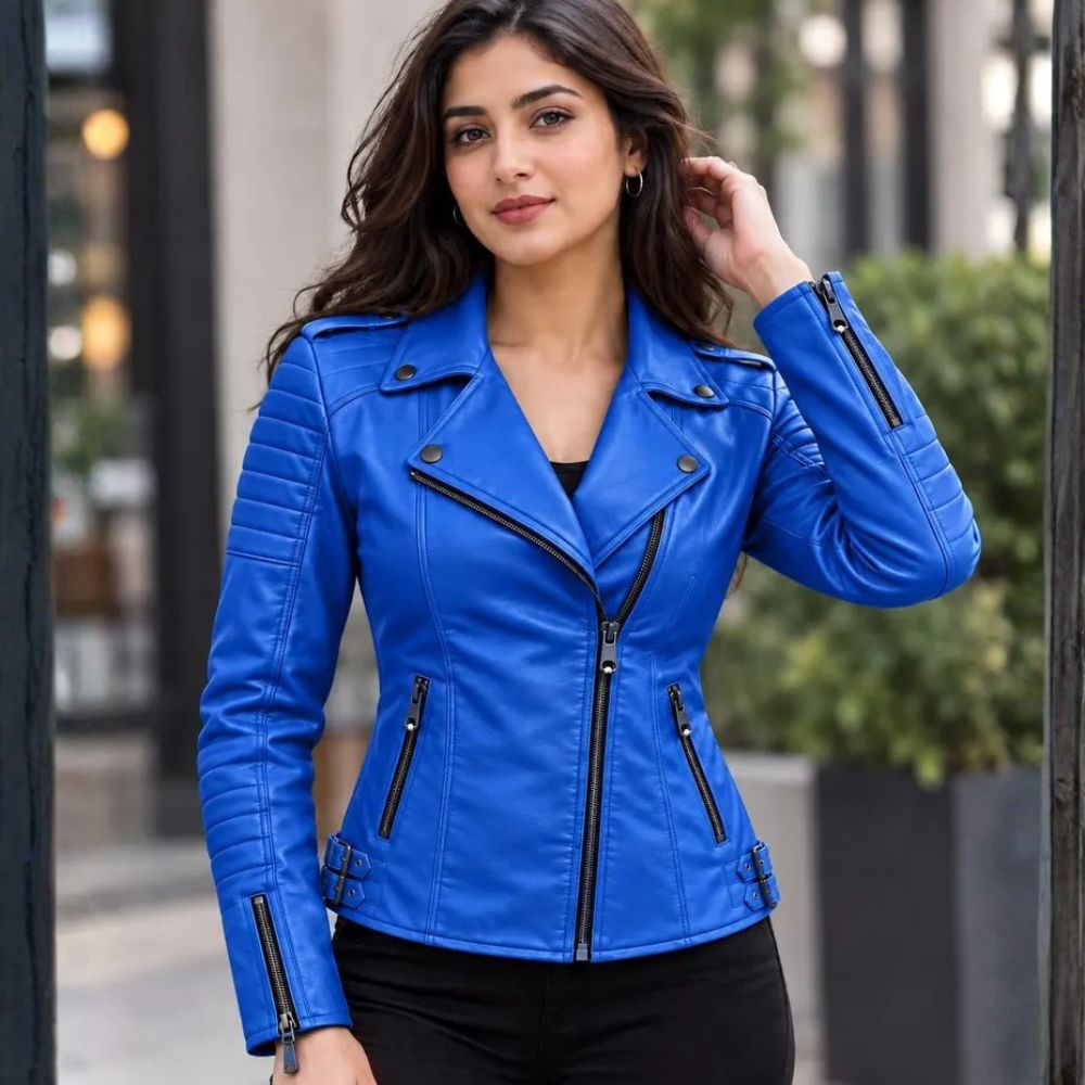 Front: Women's blue leather biker jacket with notch lapel, front view