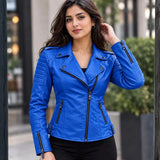 Front: Women's blue leather biker jacket with notch lapel, front view