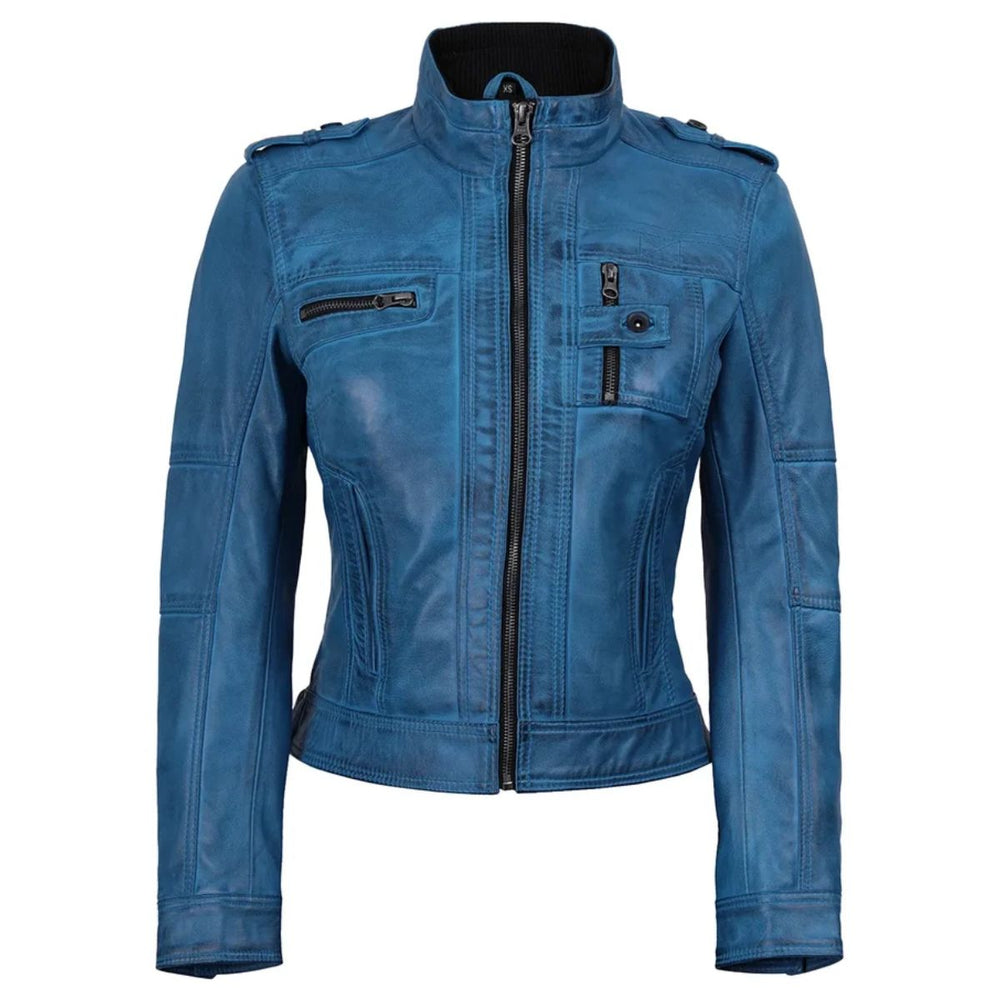 A blue leather motorcycle jacket with a stand collar, front zipper, zippered chest pockets, and shoulder epaulets, shown on a plain white background.