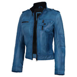 Women's blue leather biker jacket with stand collar, front view