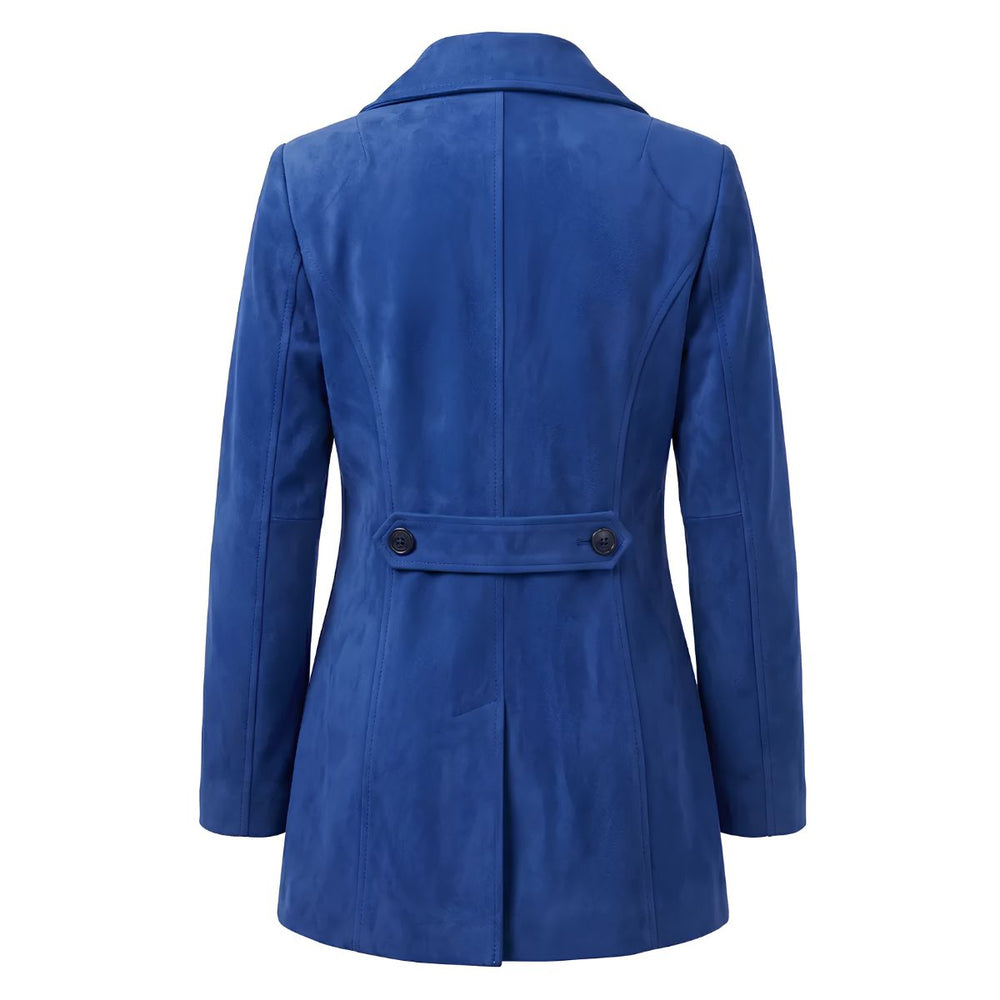 A royal blue longline coat shown from the back, featuring a collar, long sleeves, a waist belt with two dark buttons, and a structured silhouette on a plain white background.