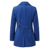A royal blue longline coat shown from the back, featuring a collar, long sleeves, a waist belt with two dark buttons, and a structured silhouette on a plain white background.