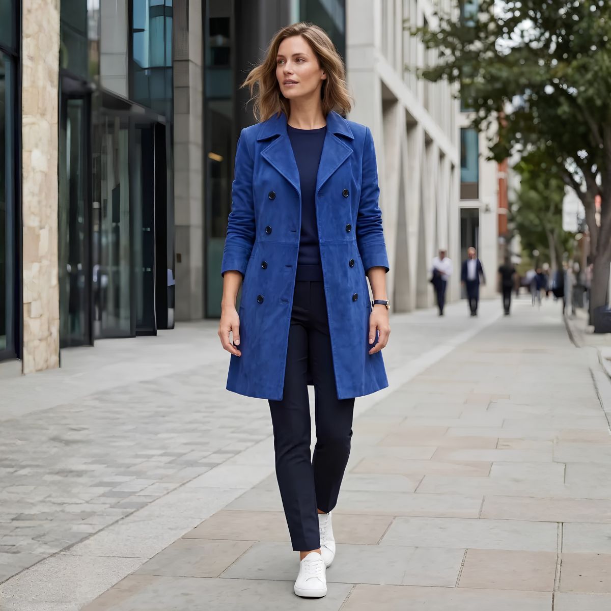 A woman walking on a city sidewalk wearing a bright blue double-breasted coat over a dark top and dark trousers, with white sneakers.