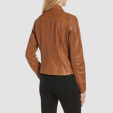 Back view of women's slim brown leather jacket