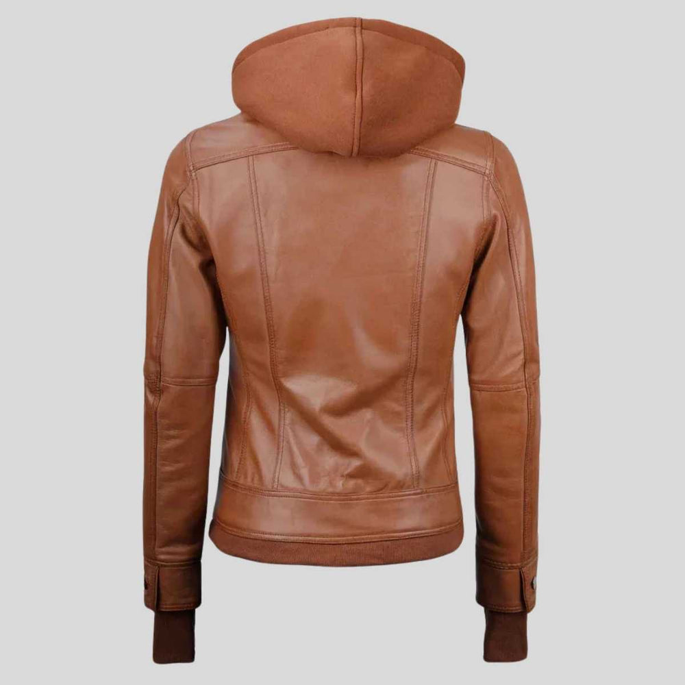 Back view of women's lambskin leather bomber jacket