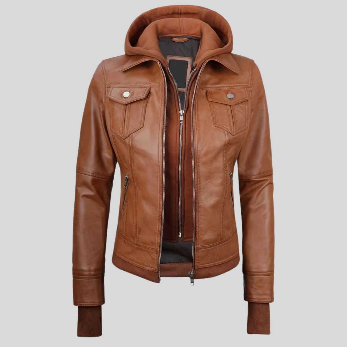 A brown faux-leather hooded jacket with a front zipper, chest flap pockets, and ribbed cuffs, shown on a solid gray background.