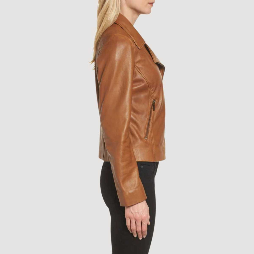 Side profile of women's brown leather jacket showing notched lapel